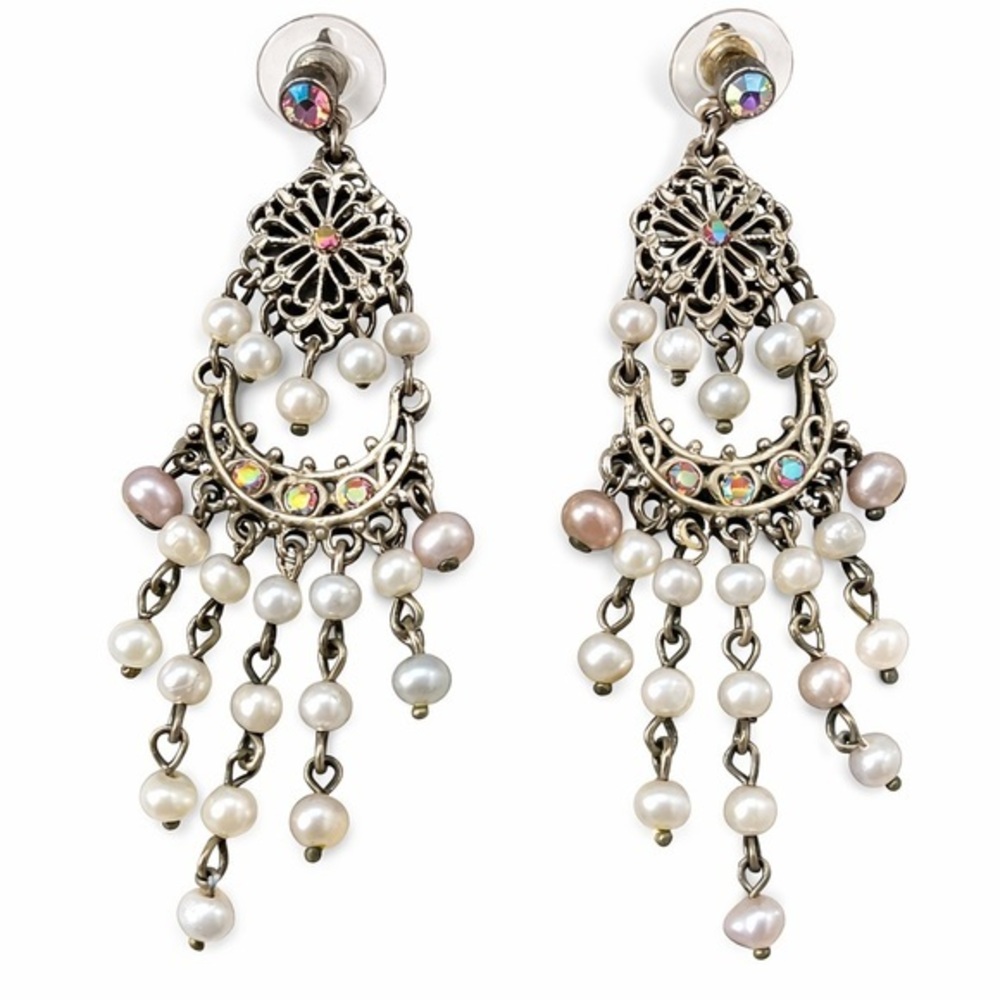 Vintage Silver Tone Chandelier Earrings w/ Pearls & Aurora Borealis Rhinestones